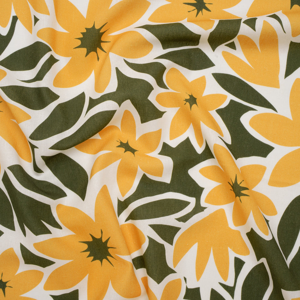 Linen and Rayon Woven - Sunny Yellow, Olive Green and White Flat Flowers - Mood Exclusive Flat Out Florals Print
