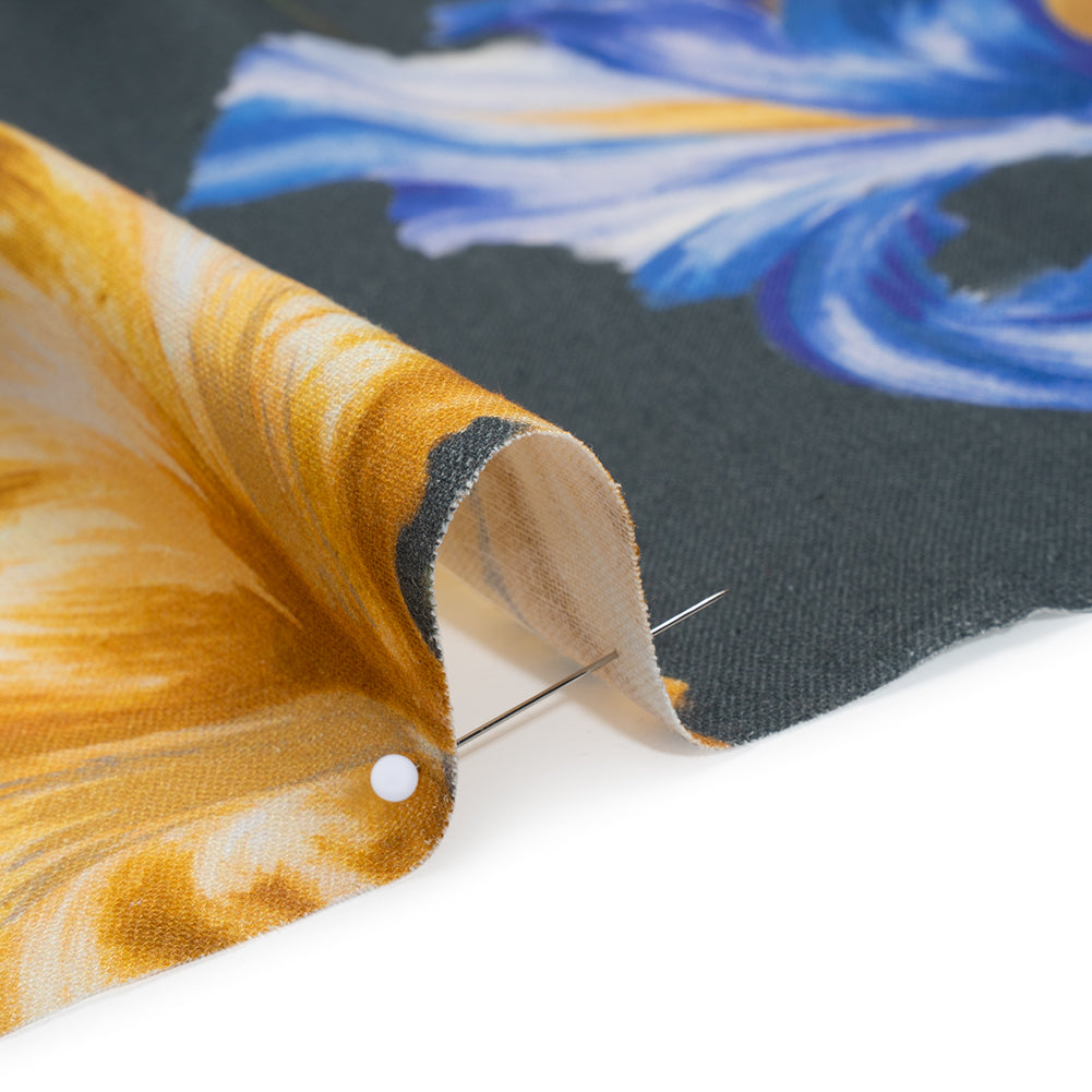 Linen and Rayon Woven - Charcoal, Blue and Goldenrod Yellow Painted Flowers - Mood Exclusive Spring Storm Print - Detail