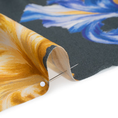 Linen and Rayon Woven - Charcoal, Blue and Goldenrod Yellow Painted Flowers - Mood Exclusive Spring Storm Print