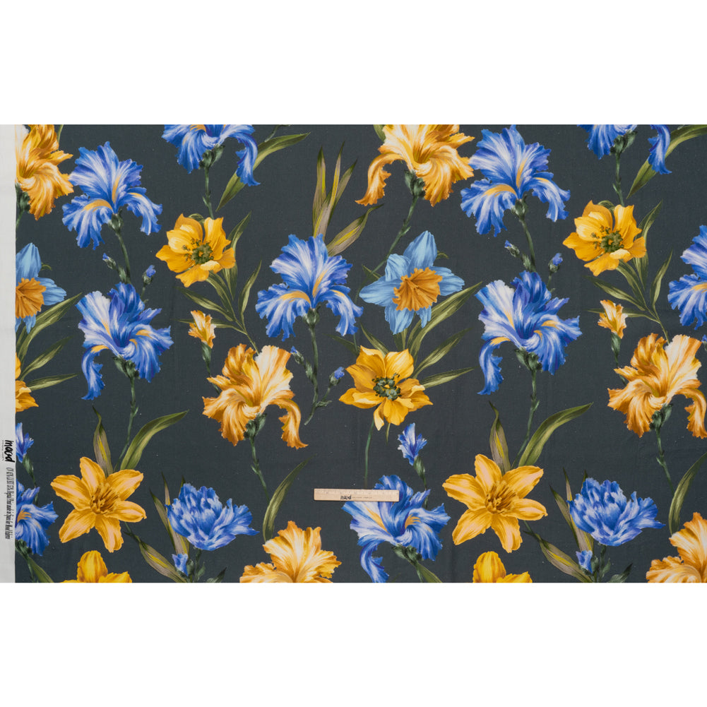 Linen and Rayon Woven - Charcoal, Blue and Goldenrod Yellow Painted Flowers - Mood Exclusive Spring Storm Print - Full