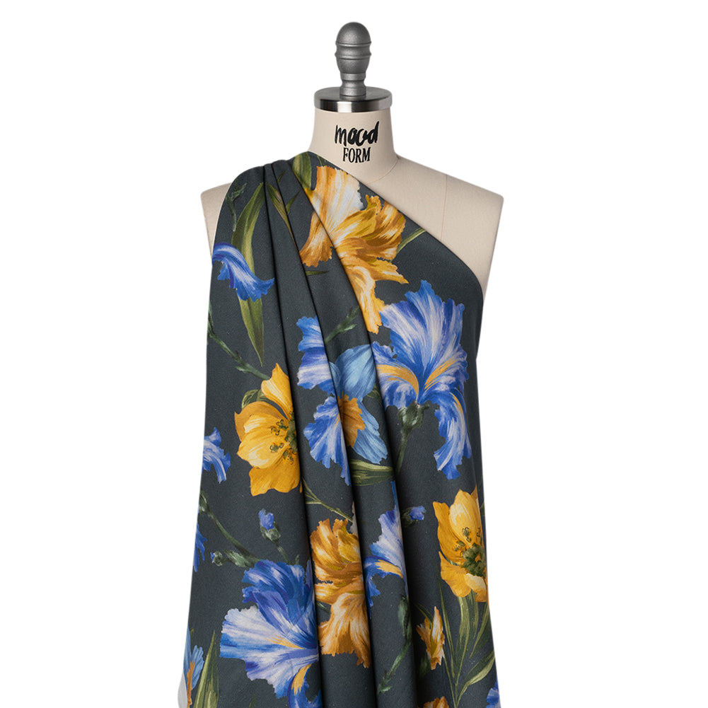 Linen and Rayon Woven - Charcoal, Blue and Goldenrod Yellow Painted Flowers - Mood Exclusive Spring Storm Print - Drape