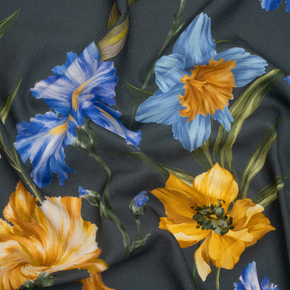 Linen and Rayon Woven - Charcoal, Blue and Goldenrod Yellow Painted Flowers - Mood Exclusive Spring Storm Print