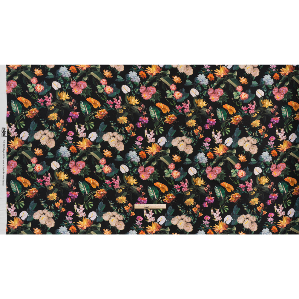 Rayon Challis - Black, Green and Orange Rainforest Flowers - Mood Exclusive Rainforest Reverie Print - Full