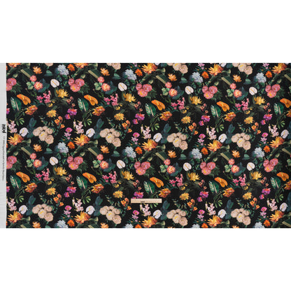 Rayon Challis - Black, Green and Orange Rainforest Flowers - Mood Exclusive Rainforest Reverie Print