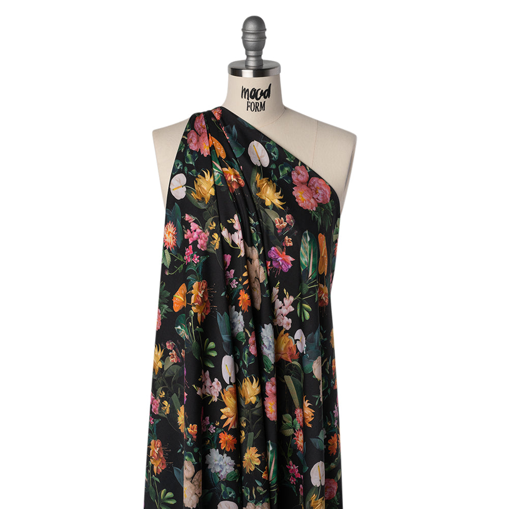 Rayon Challis - Black, Green and Orange Rainforest Flowers - Mood Exclusive Rainforest Reverie Print - Drape