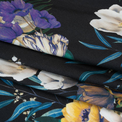 Rayon Challis - Blue, Purple and Yellow Tropical Flowers - Mood Exclusive Island Bloom Print Folded