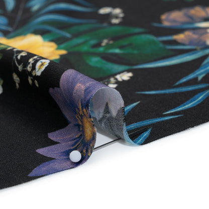 Rayon Challis - Blue, Purple and Yellow Tropical Flowers - Mood Exclusive Island Bloom Print Detail