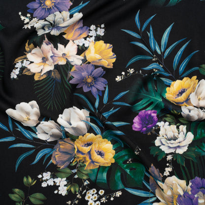 Rayon Challis - Blue, Purple and Yellow Tropical Flowers - Mood Exclusive Island Bloom Print
