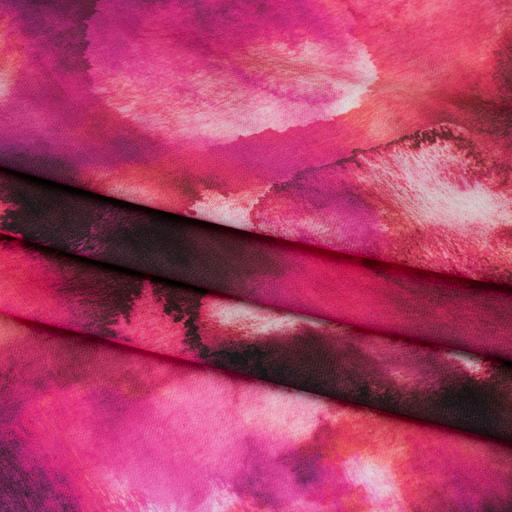 Rayon Challis - Hot Pink, Purple and Charcoal Abstract Tie Dye - Mood Exclusive Pigment Pulse Print Folded