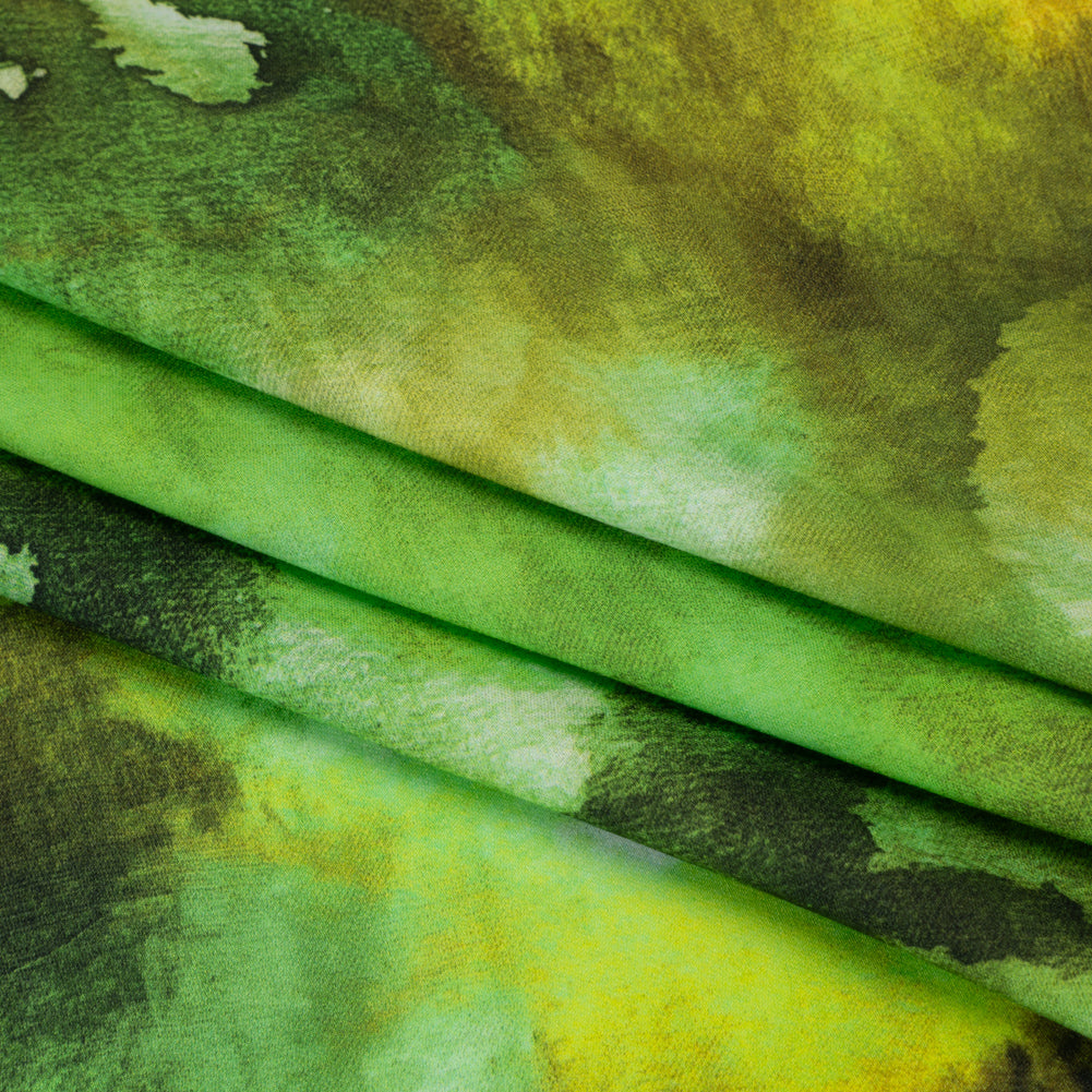 Rayon Challis - Lime Green, Sunny Orange and Olive Abstract Tie Dye - Mood Exclusive Pigment Pulse Print - Folded