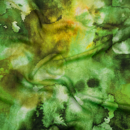 Rayon Challis - Lime Green, Sunny Orange and Olive Abstract Tie Dye - Mood Exclusive Pigment Pulse Print