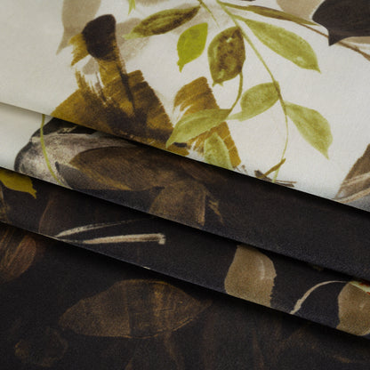 Silk Satin Print Made in Italy - Brown, Cream and Chartreuse Painted Leaves - Deadstock