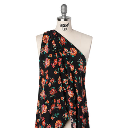 Silk Crepe de Chine Print Made in Italy - Black, Red and Green Scattered Flowers - Deadstock