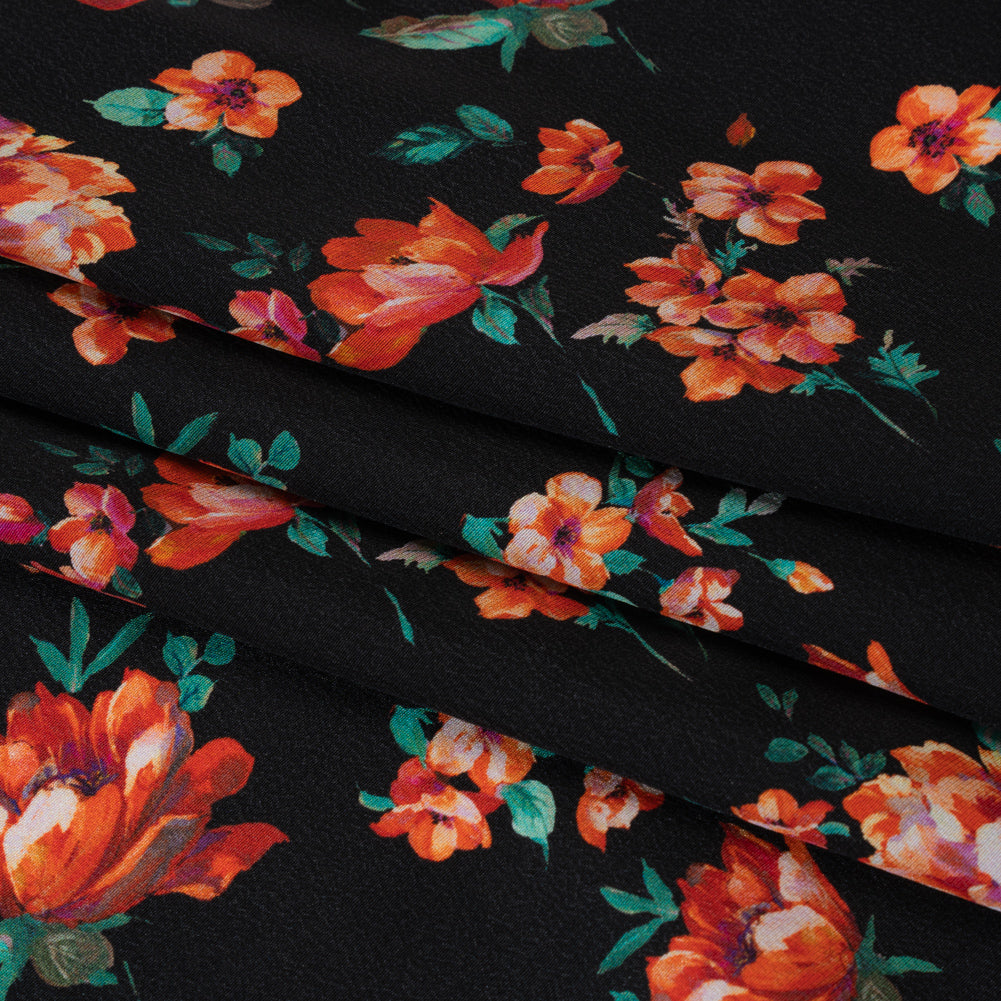 Silk Crepe de Chine Print Made in Italy - Black, Red and Green Scattered Flowers - Deadstock - Detail