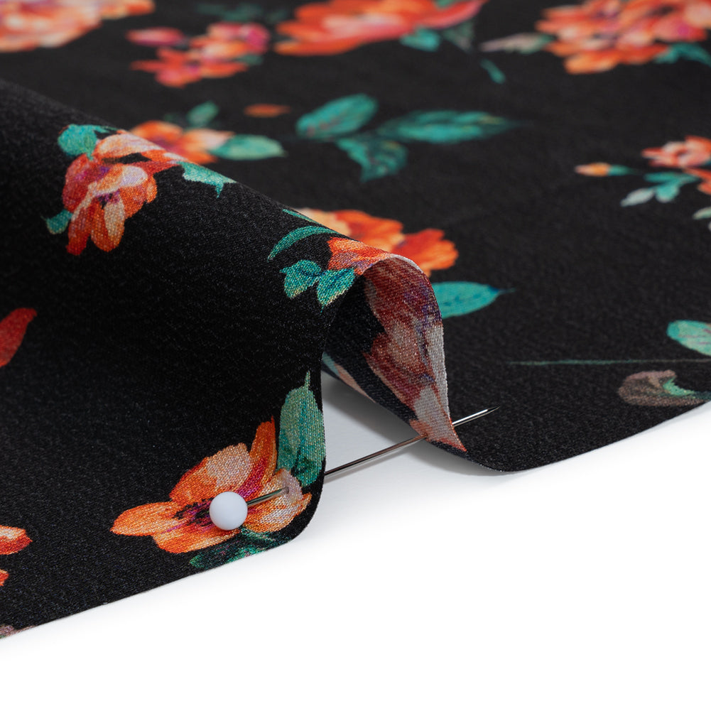 Silk Crepe de Chine Print Made in Italy - Black, Red and Green Scattered Flowers - Deadstock - Full - Image 4 of 5
