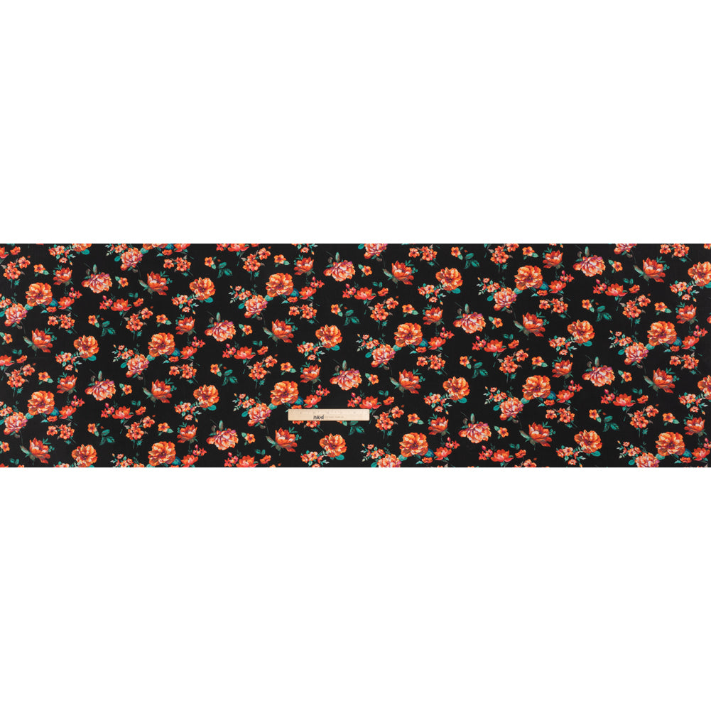 Silk Crepe de Chine Print Made in Italy - Black, Red and Green Scattered Flowers - Deadstock - Full - Image 5 of 5
