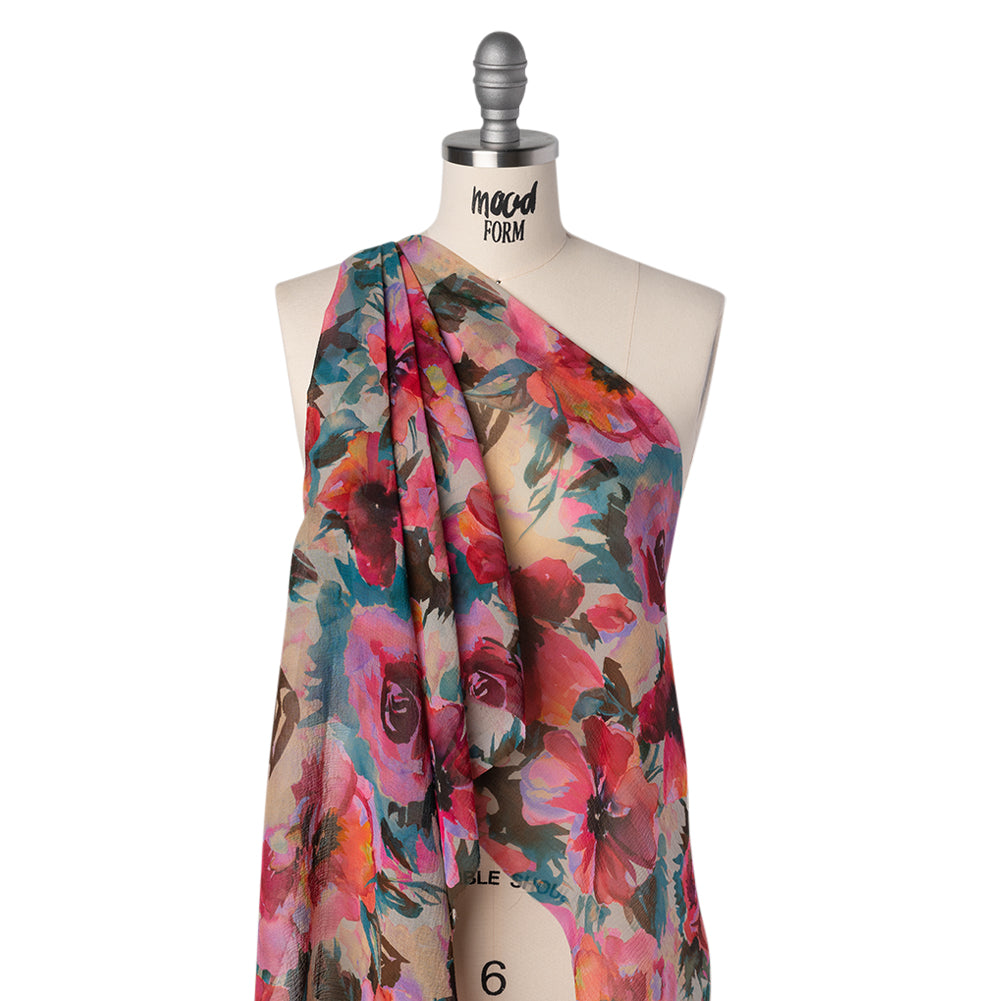 Silk Chiffon Print Made in Italy - Teal, Fuchsia and Peach Watercolor Blooms - Deadstock - Folded