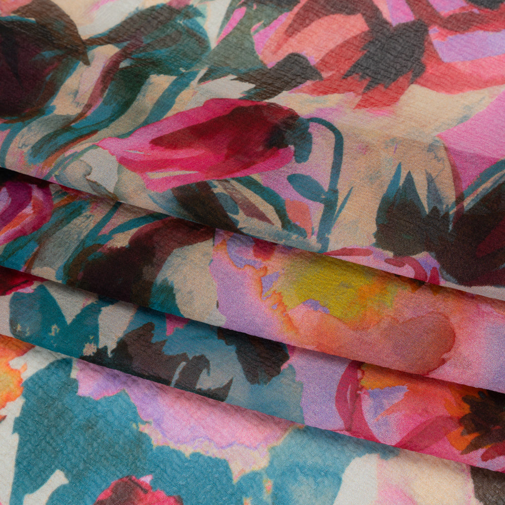 Silk Chiffon Print Made in Italy - Teal, Fuchsia and Peach Watercolor Blooms - Deadstock - Detail