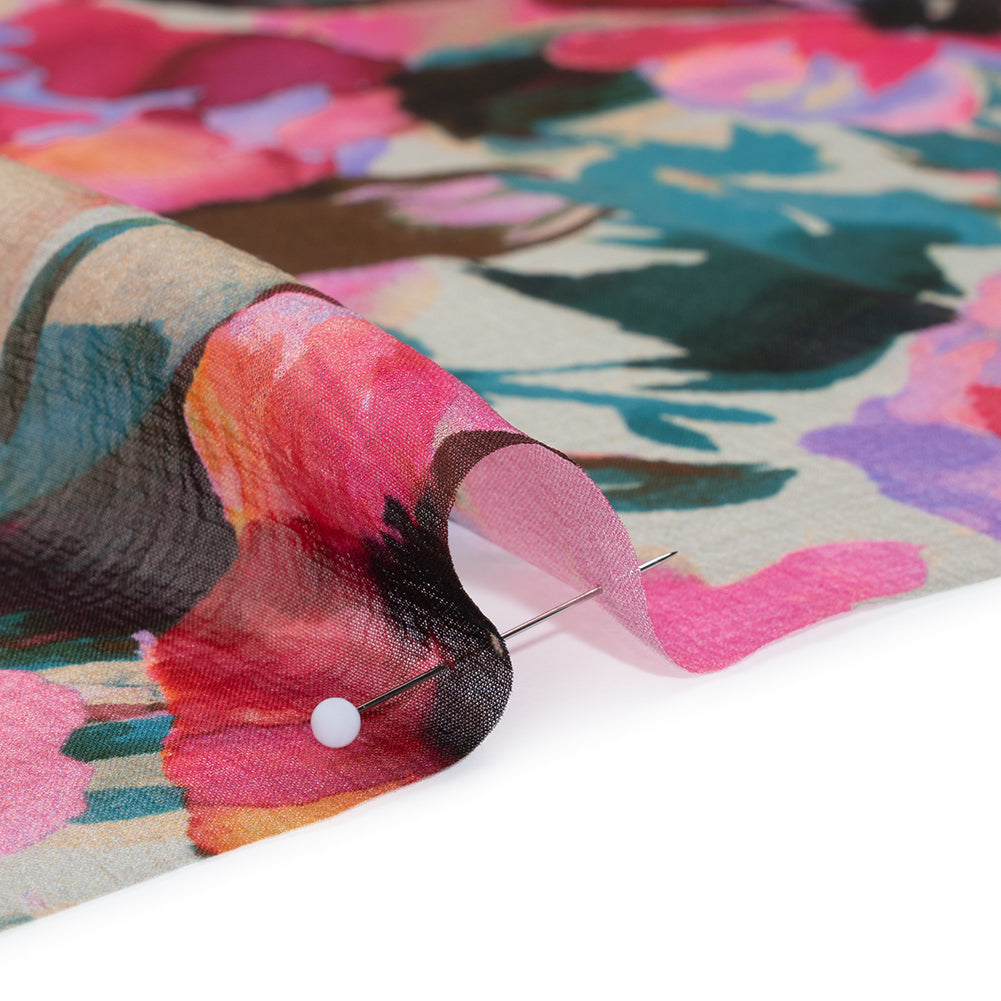 Silk Chiffon Print Made in Italy - Teal, Fuchsia and Peach Watercolor Blooms - Deadstock - Full