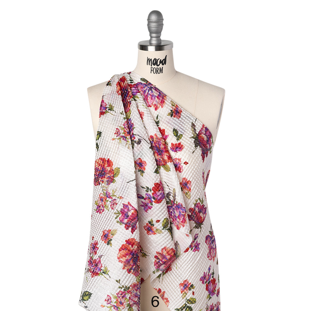 Ruched Silk Blend Striped Dobby Made in Italy - Pink, Ultramarine and Green Floral - Deadstock - Folded