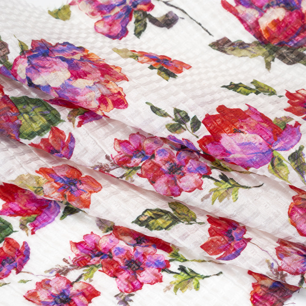 Ruched Silk Blend Striped Dobby Made in Italy - Pink, Ultramarine and Green Floral - Deadstock - Detail
