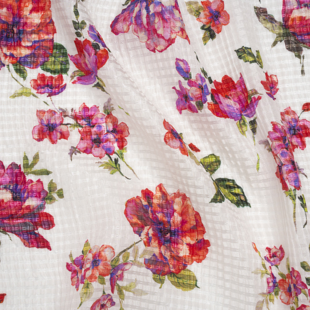 Ruched Silk Blend Striped Dobby Made in Italy - Pink, Ultramarine and Green Floral - Deadstock - Drape
