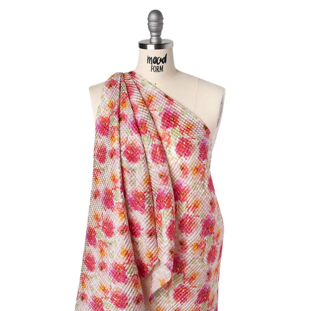 Ruched Silk Blend Striped Dobby Made in Italy - Hot Pink, Golden Yellow and Sage Green Soft Florals - Deadstock - Folded