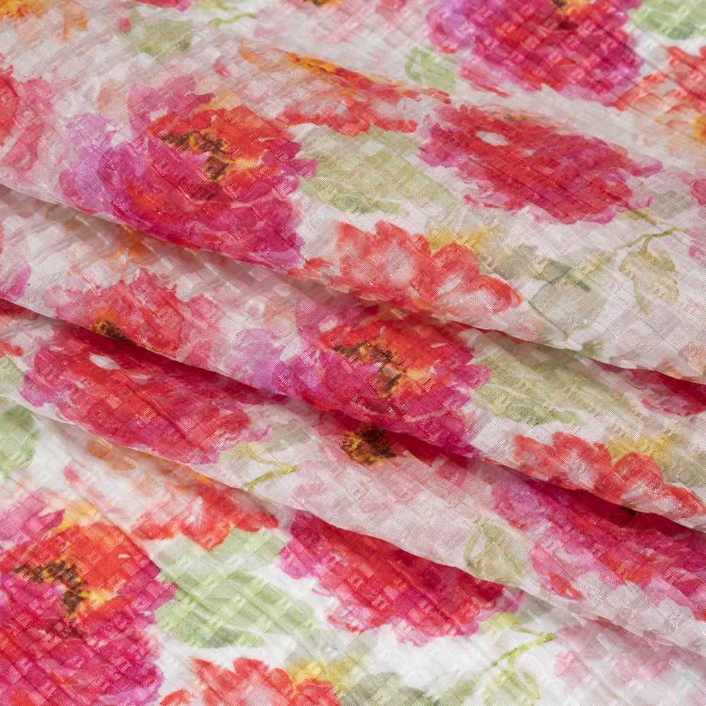 Ruched Silk Blend Striped Dobby Made in Italy - Hot Pink, Golden Yellow and Sage Green Soft Florals - Deadstock - Detail