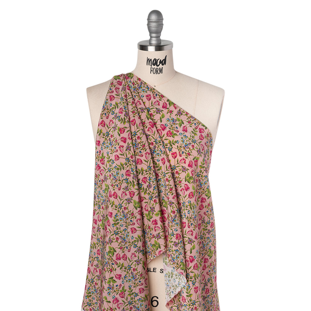 Silk Crepe de Chine Print Made in Italy - Pink, Sky Blue and Green Little Flowers - Deadstock - Folded