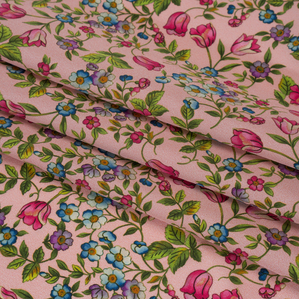 Silk Crepe de Chine Print Made in Italy - Pink, Sky Blue and Green Little Flowers - Deadstock - Detail