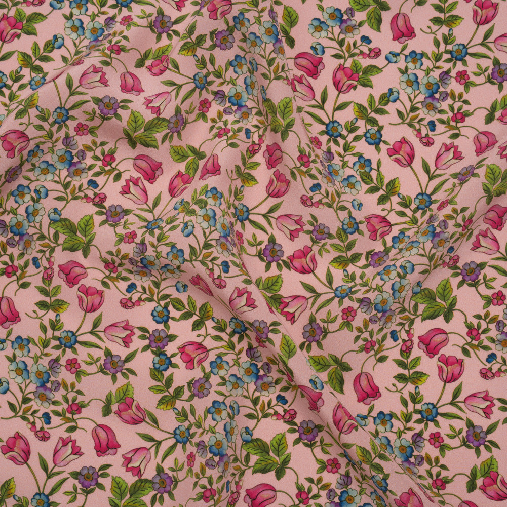 Silk Crepe de Chine Print Made in Italy - Pink, Sky Blue and Green Little Flowers - Deadstock - Drape