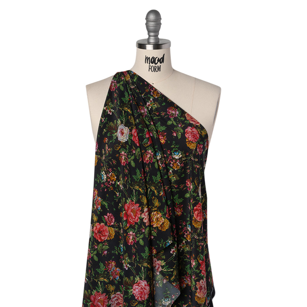 Silk Crepe de Chine Print Made in Italy - Black, Pink and Yellow Ochre Floral - Deadstock - Folded