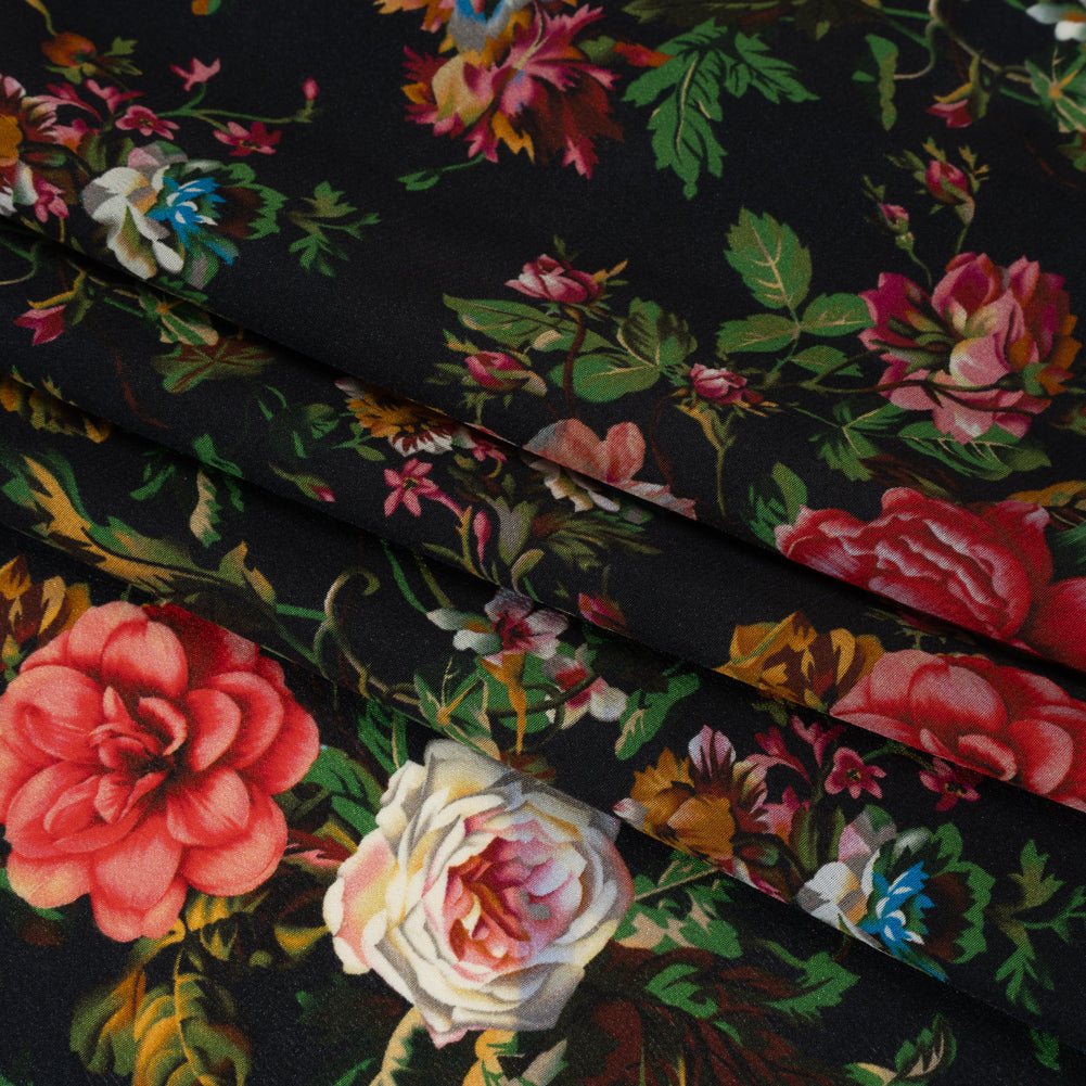 Silk Crepe de Chine Print Made in Italy - Black, Pink and Yellow Ochre Floral - Deadstock - Detail