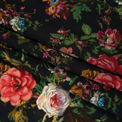 Silk Crepe de Chine Print Made in Italy - Black, Pink and Yellow Ochre Floral - Deadstock