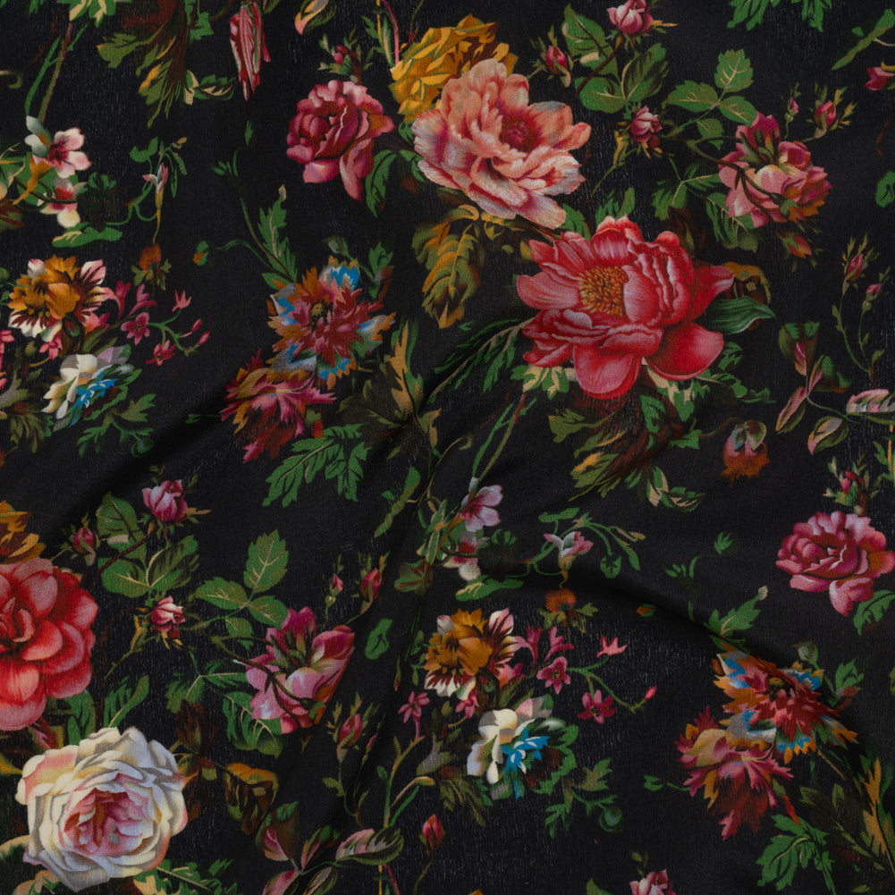 Silk Crepe de Chine Print Made in Italy - Black, Pink and Yellow Ochre Floral - Deadstock - Drape