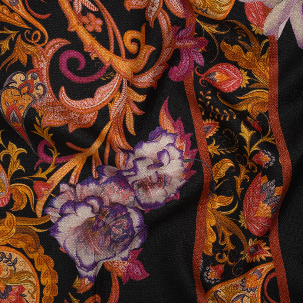 Silk Diagonal Basketweave Dobby Print Made in Italy - Purple, Orange and Black Ornate Paisleys and Palm Leaves - Deadstock - Drape