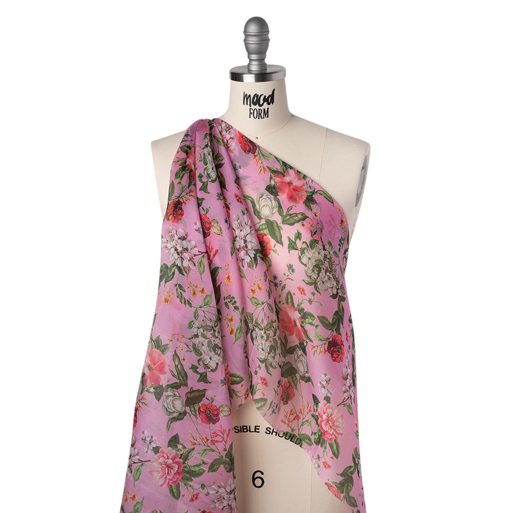 Silk Gazar Print Made in Italy - Pink, Green and White Enchanted Florals - Deadstock - Folded