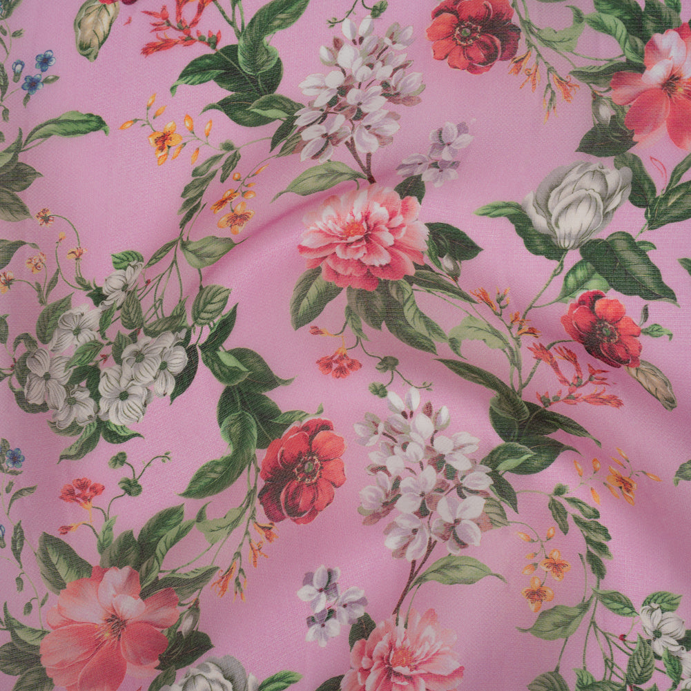 Silk Gazar Print Made in Italy - Pink, Green and White Enchanted Florals - Deadstock - Drape