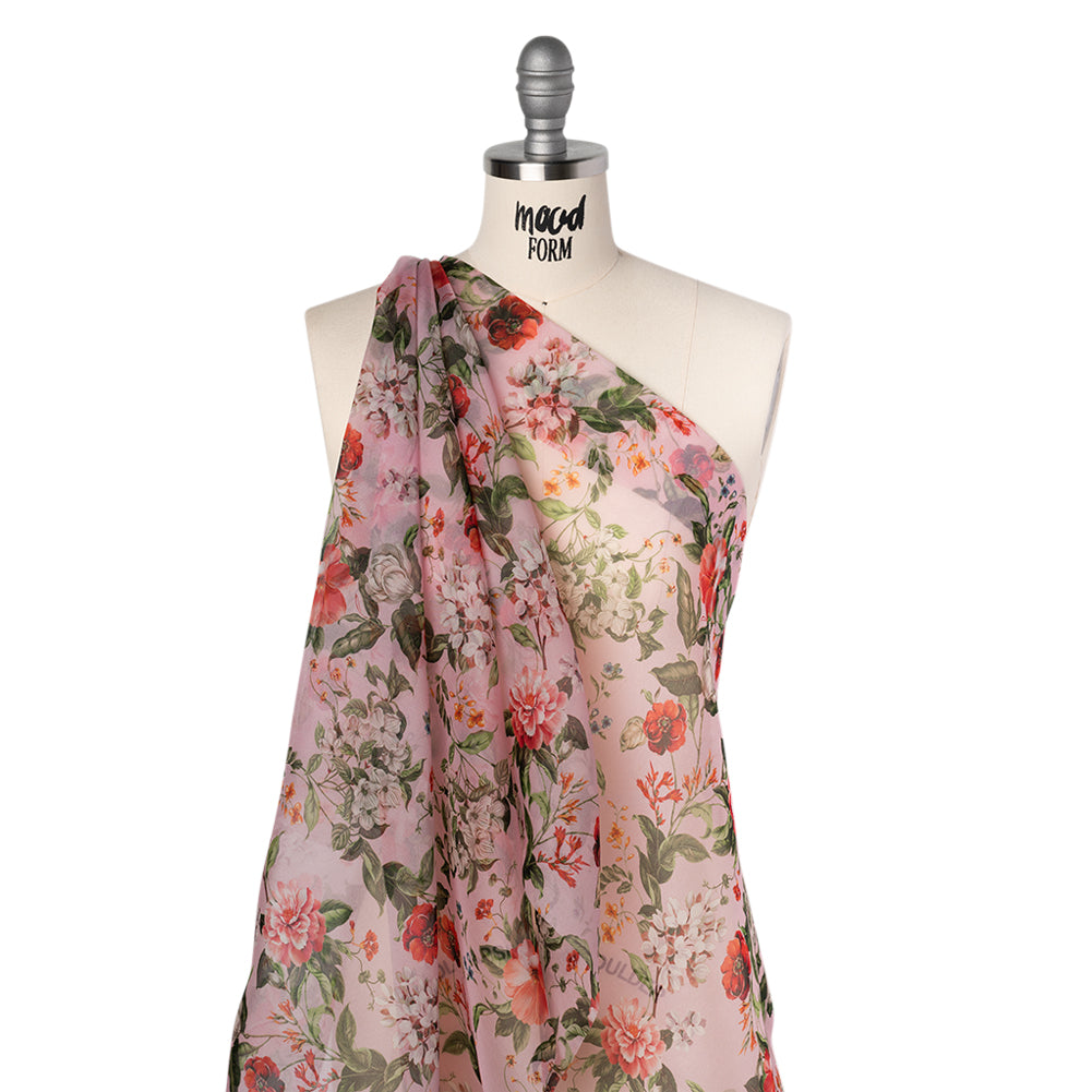 Silk Organza Print Made in Italy - Baby Pink, Coral and Green Floral - Deadstock - Folded