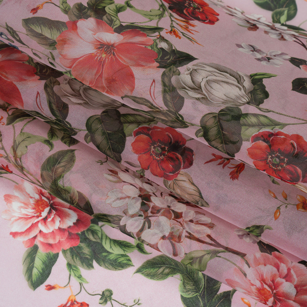 Silk Organza Print Made in Italy - Baby Pink, Coral and Green Floral - Deadstock - Detail