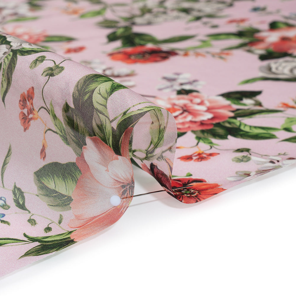 Silk Organza Print Made in Italy - Baby Pink, Coral and Green Floral - Deadstock - Full - Image 4 of 5