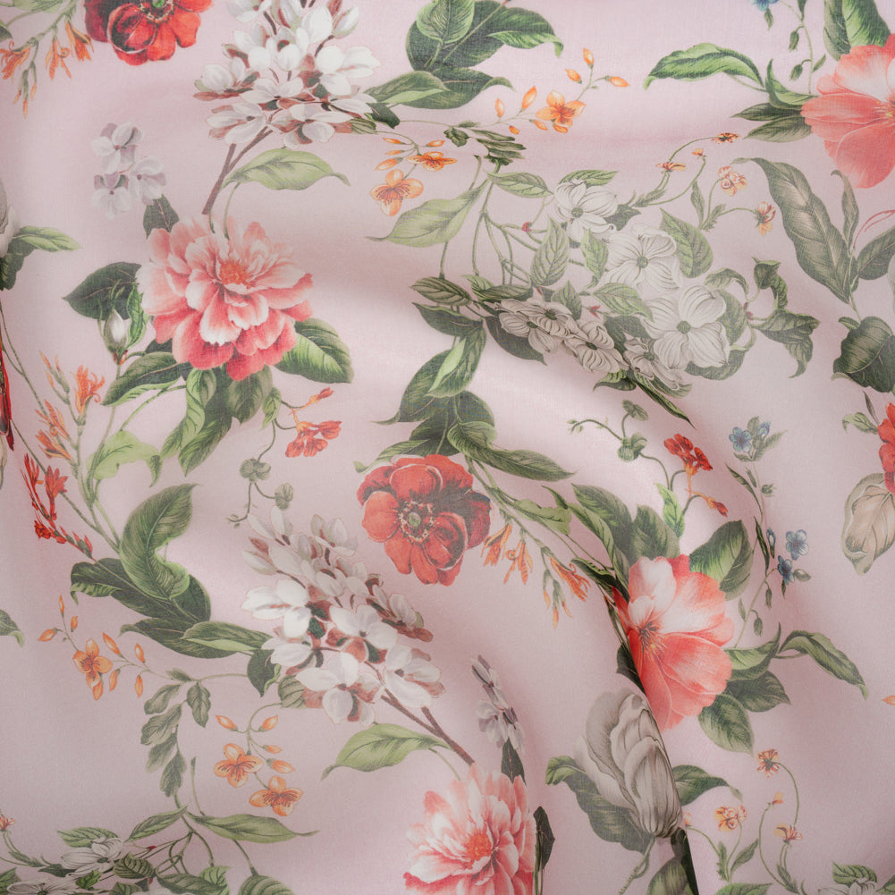 Silk Organza Print Made in Italy - Baby Pink, Coral and Green Floral - Deadstock - Drape