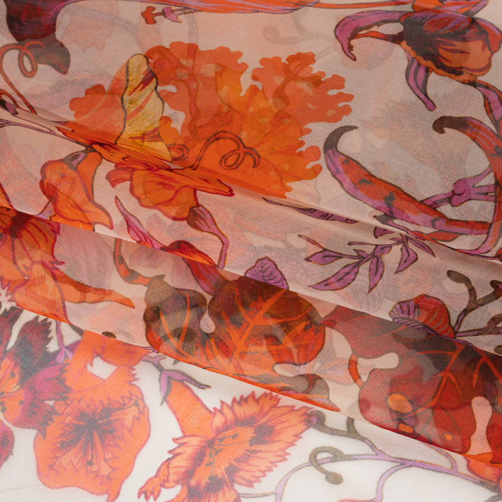 Lightweight Silk Organza Print Made in Italy - Orange, Purple and Burgundy Lilies and Flowers - Detail