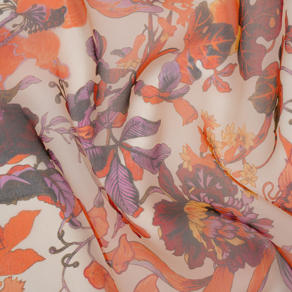 Lightweight Silk Organza Print Made in Italy - Orange, Purple and Burgundy Lilies and Flowers - Drape