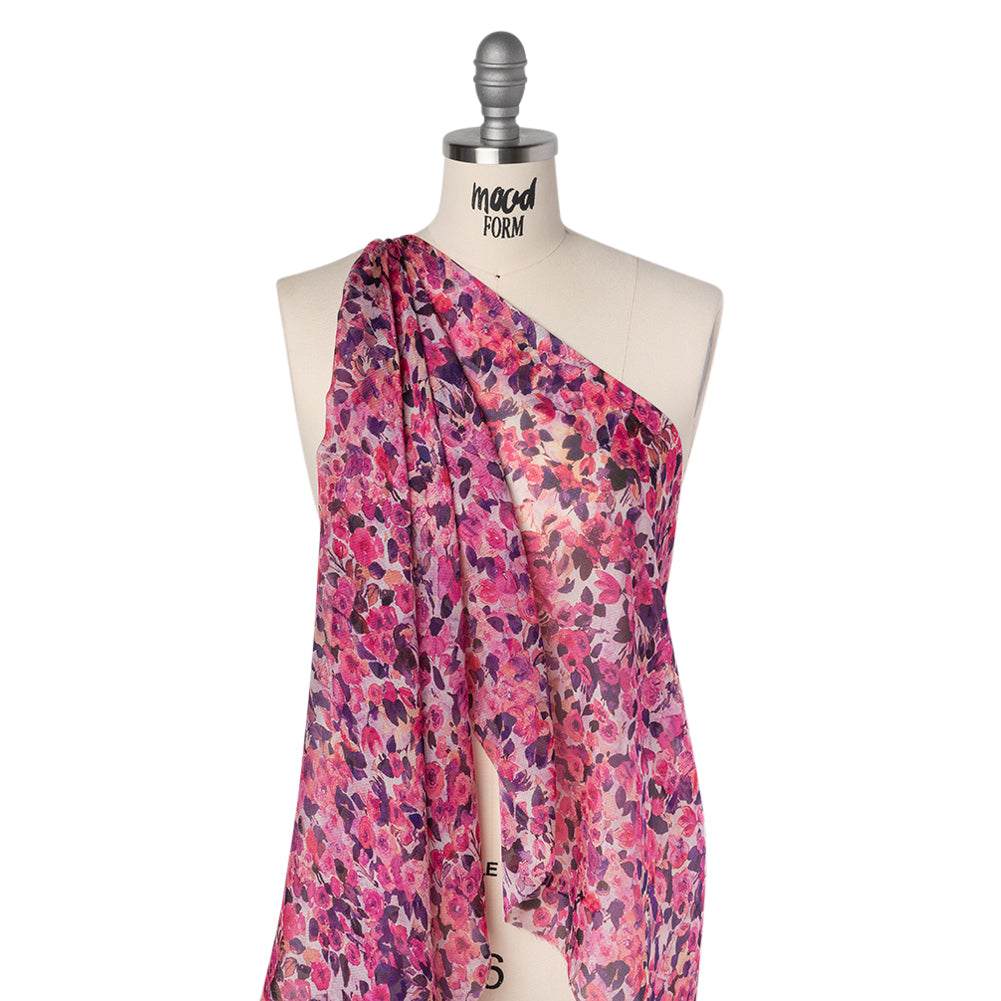 Silk Birdseye Pique Voile Print Made in Italy - Pink, Dark Purple and Lavender Watercolor Roses - Deadstock - Folded