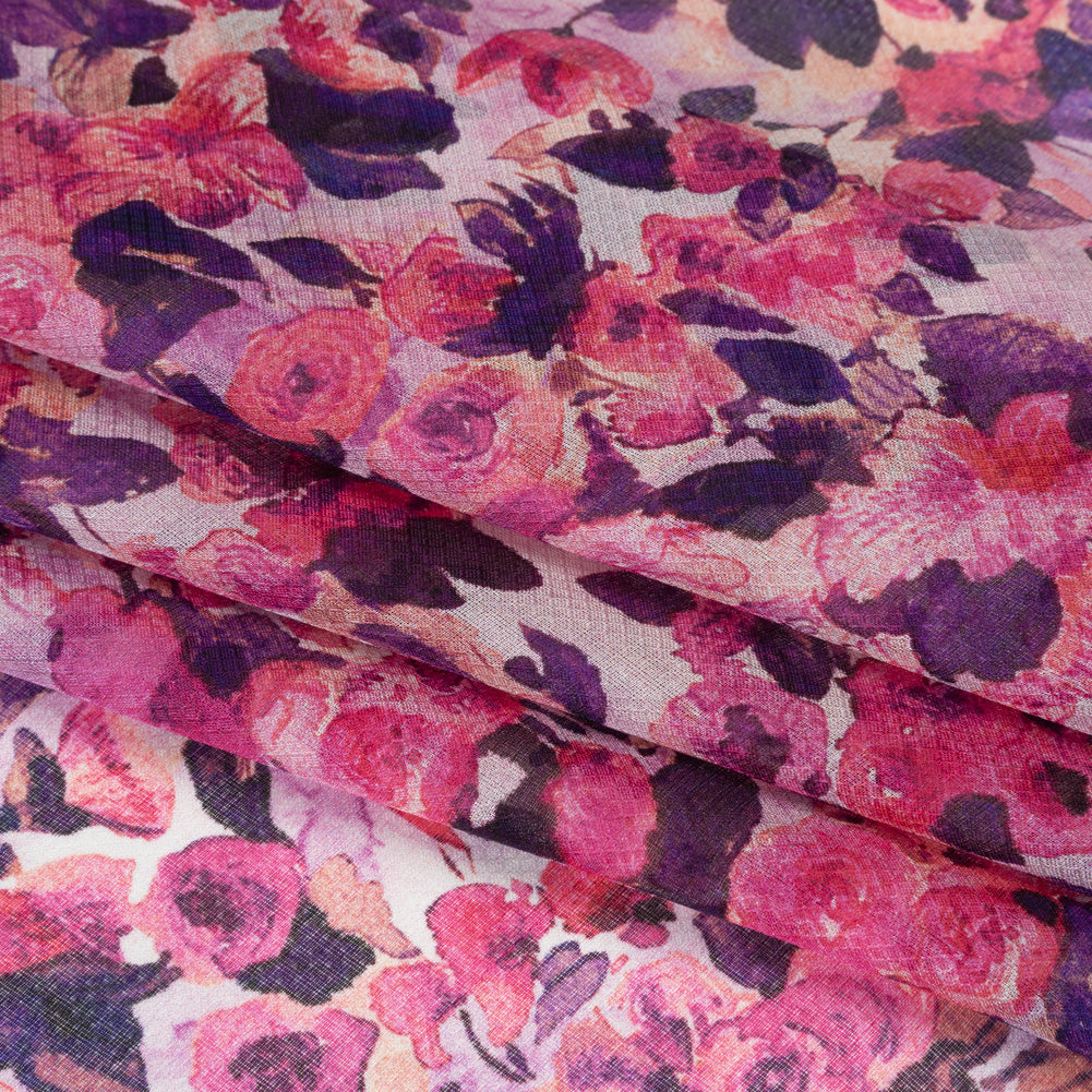Silk Birdseye Pique Voile Print Made in Italy - Pink, Dark Purple and Lavender Watercolor Roses - Deadstock - Detail