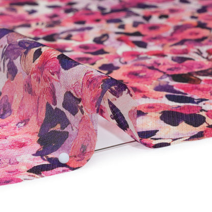 Silk Birdseye Pique Voile Print Made in Italy - Pink, Dark Purple and Lavender Watercolor Roses - Deadstock