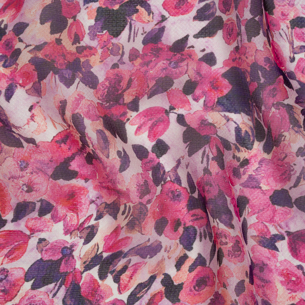 Silk Birdseye Pique Voile Print Made in Italy - Pink, Dark Purple and Lavender Watercolor Roses - Deadstock - Drape