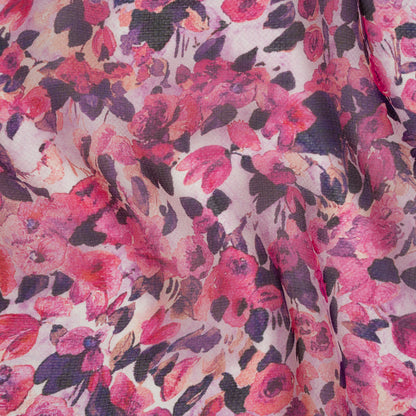 Silk Birdseye Pique Voile Print Made in Italy - Pink, Dark Purple and Lavender Watercolor Roses - Deadstock