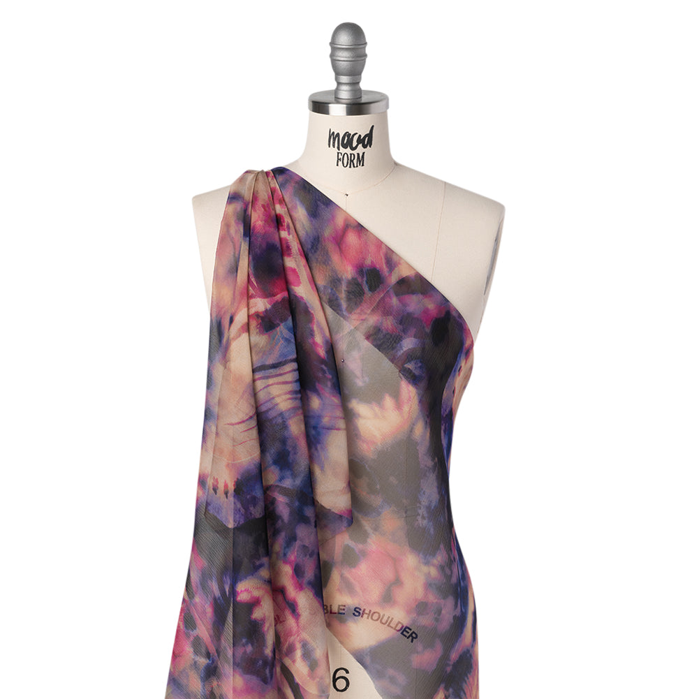Silk Voile Print Made in Italy - Pink, Purple and Indigo Abstract - Deadstock Folded